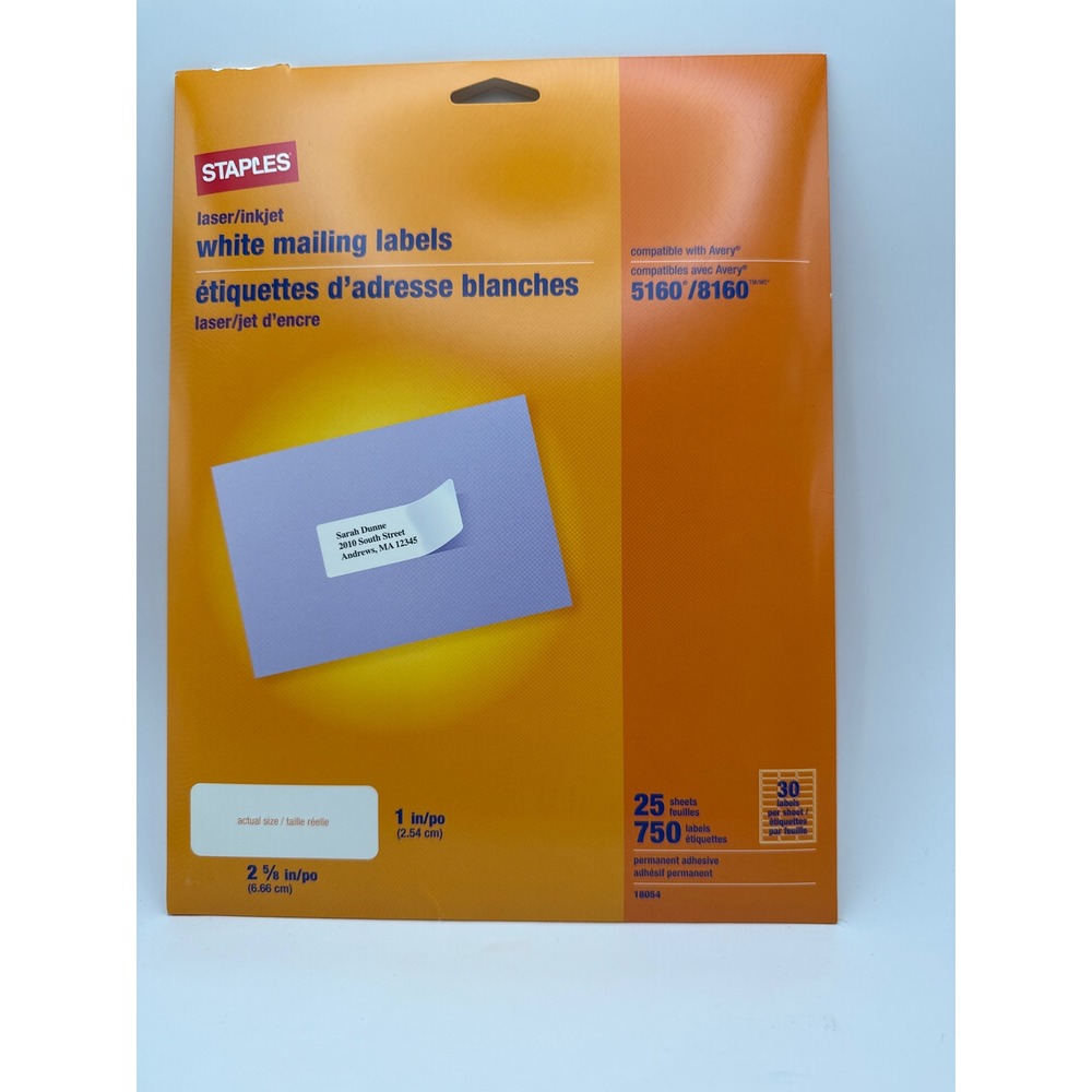 Staples White Mailing Labels Laser Inkjet 18054 1 x 2-5/8 750 Count 5160 8160